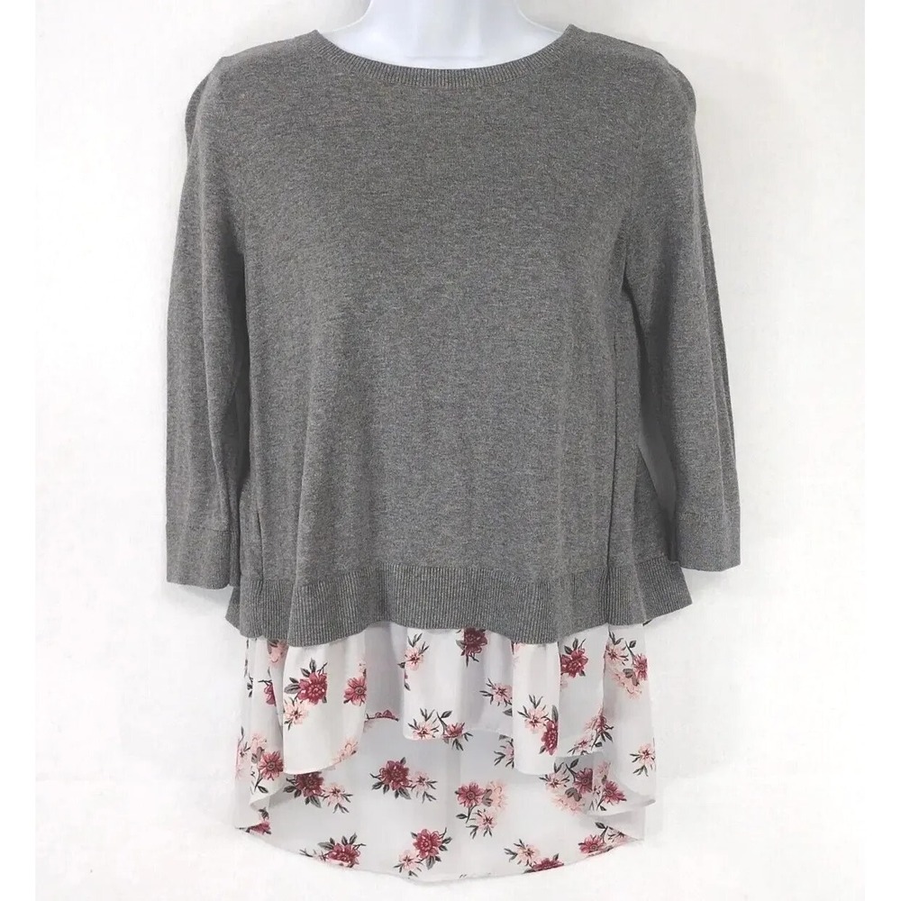 LOFT Outlet Petite Women XSP Sweater Blouse Hi Lo Slit Back Floral ¾ Sleeve Gray